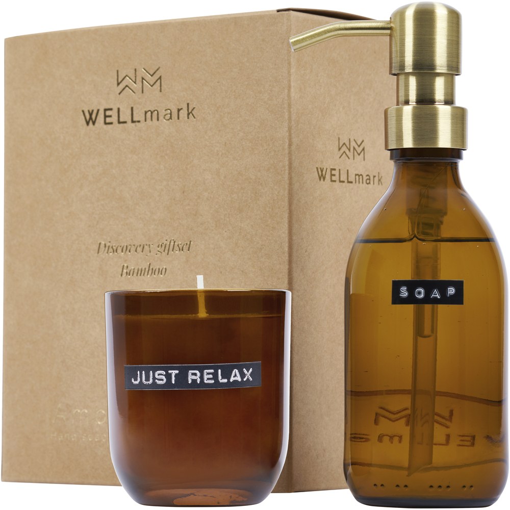 WELLmark 126308 - Distributeur de savon pour les mains de 200 ml et ensemble de bougies parfumées de 150g WELLmark Discovery - parfum de bambou