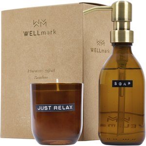 WELLmark 126308 - Distributeur de savon pour les mains de 200 ml et ensemble de bougies parfumées de 150g WELLmark Discovery - parfum de bambou Amber Heather