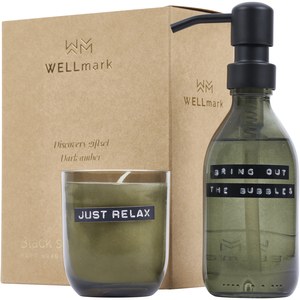 WELLmark 126311 - Distributeur de savon pour les mains de 200 ml et jeu de bougies parfumées de 150 g WELLmarkDiscovery - parfum ambré foncé Forest Green